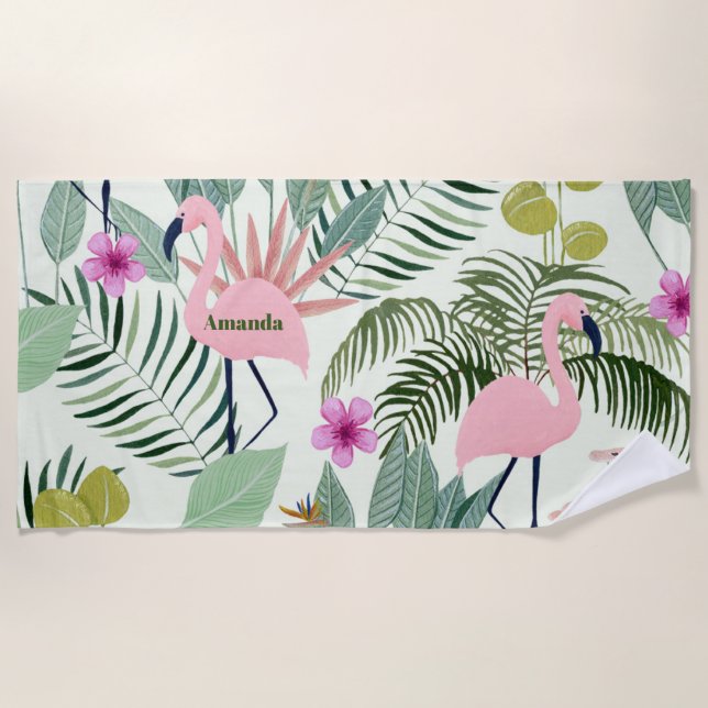 Custom Pink Flamingo Green Leaf Bachelorette Strandtuch (Vorderseite)