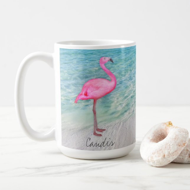 Custom Pink Flamingo Tropical Sandy Beach Modern Kaffeetasse (Mit Donut)