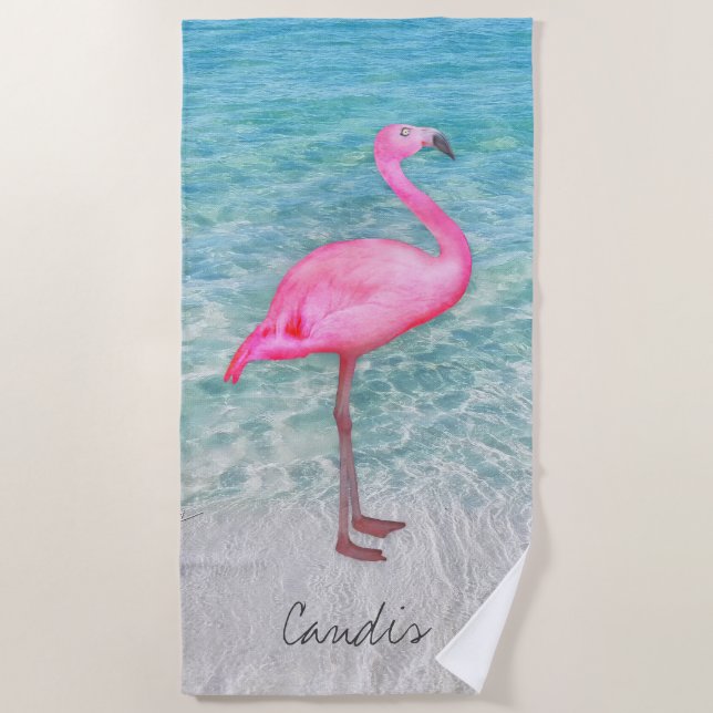 Custom Pink Flamingo Tropical Sandy Beach Modern Strandtuch (Vorderseite)