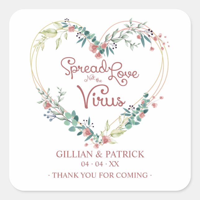 Custom Pink Floral Heart Wedding Sanitizer Gel Quadratischer Aufkleber (Vorderseite)