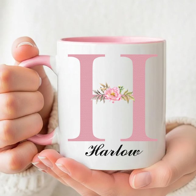 Custom Pink Floral Monogram Mug Gift for Moms Tasse (Custom Pink Floral Monogram Mug Gift for Her, Wildflower Initial Name Mug Birthday Gift for Her Mom)