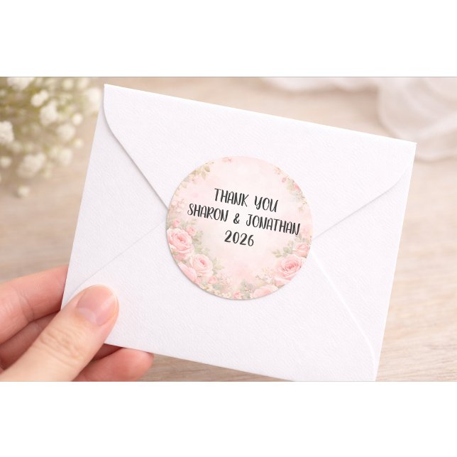 Custom Pink Floral Wedding Thank You Sticker (Von Creator hochgeladen)