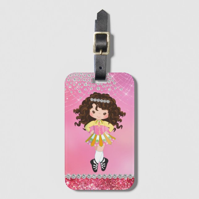 Custom Pink Glam Irish Dance Brünett Girl Gepäckanhänger (Vorderseite Vertikal)