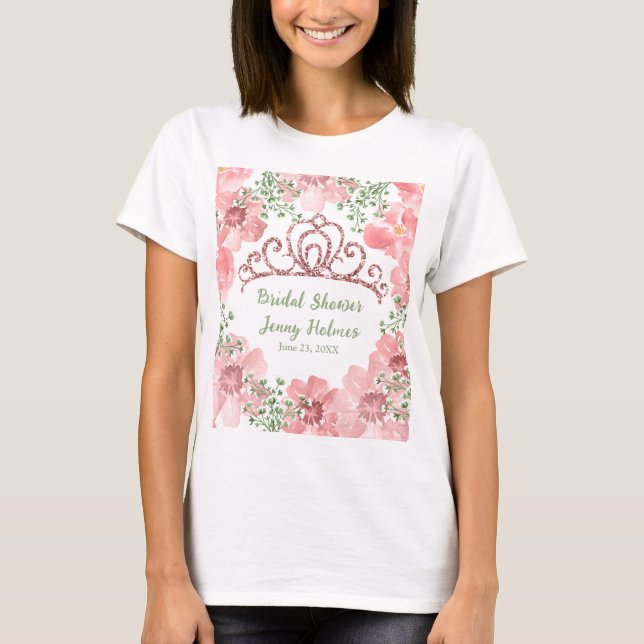 Custom Pink Glitzer Crown Pink Roses Grüne T-Shirt (Vorderseite)