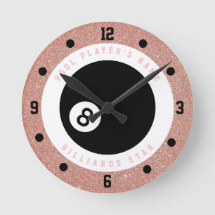 Custom Pink Glitzer Girls Billiards Billard Player Runde Wanduhr