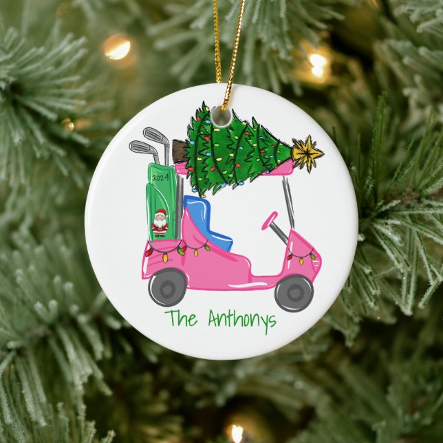 Custom Pink Golf Cart Santa Golf BagWeihnachtsbaum Keramik Ornament (Baum)