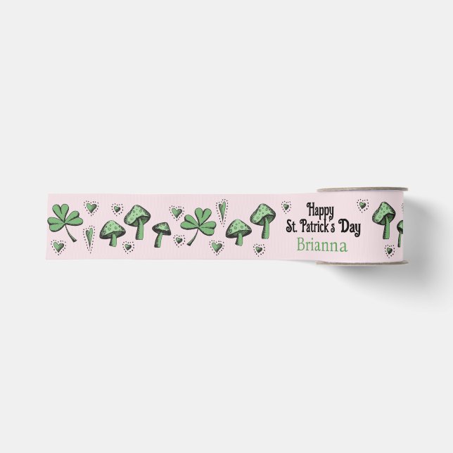 Custom Pink & Green Kleeblatt Herz & Pilz 3" Ripsband (Vorderseite)