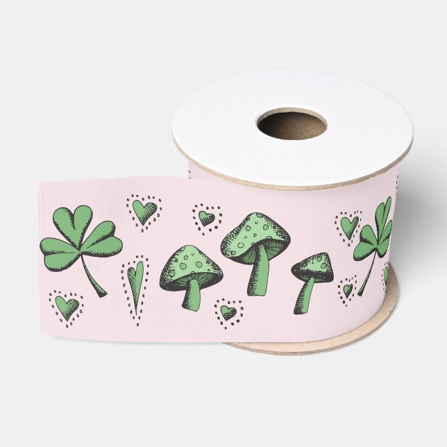 Custom Pink & Green Kleeblatt Herz & Pilz 3" Ripsband (Spule)