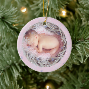 Custom Pink Keepake Foto Baby's First Christmas Keramik Ornament