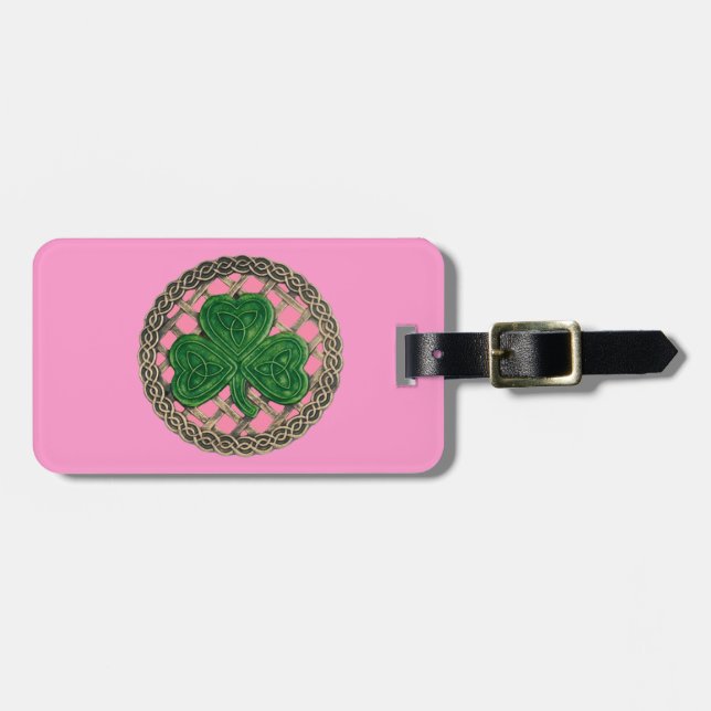 Custom Pink Kleeblatt Celtic Knocks Gepäckmarke Gepäckanhänger (Vorderseite horizontal)