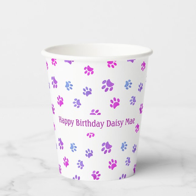 Custom Pink Lila Paw Prints Pet Birthday Party Pappbecher (Vorderseite)