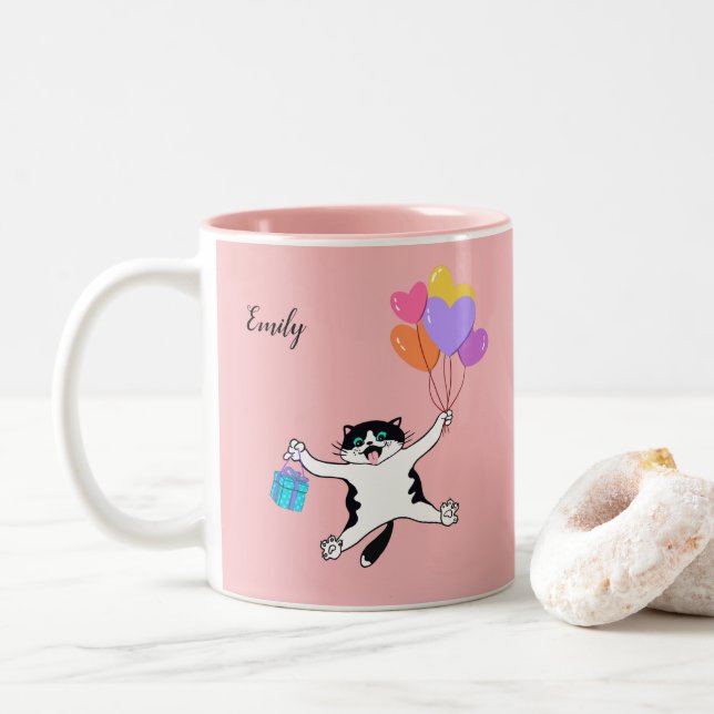 Custom Pink Mutter's Day Geschenk Beste Katze Mama Zweifarbige Tasse (Mit Donut)