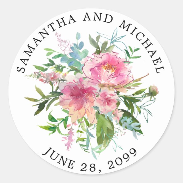 Custom Pink Peony Floral Wedding Umschlag Aufklebe Runder Aufkleber (Vorderseite)