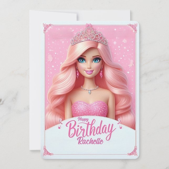 Custom Pink Princess Happy Birthday Einladung (Vorderseite)