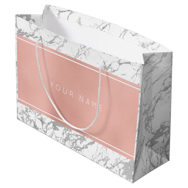 Custom Pink Rose Gold Metallic Minimal Marmor Grau Große Geschenktüte (Rückseite Schrägansicht)