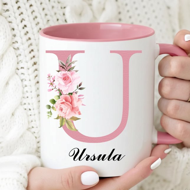Custom Pink Rose Monogram Mug Gift for Grandma Tasse (Personalized Rose Floral Mug Birthday Gift for Her, Pink Roses Monogram Mug Graduation Gift for Her)