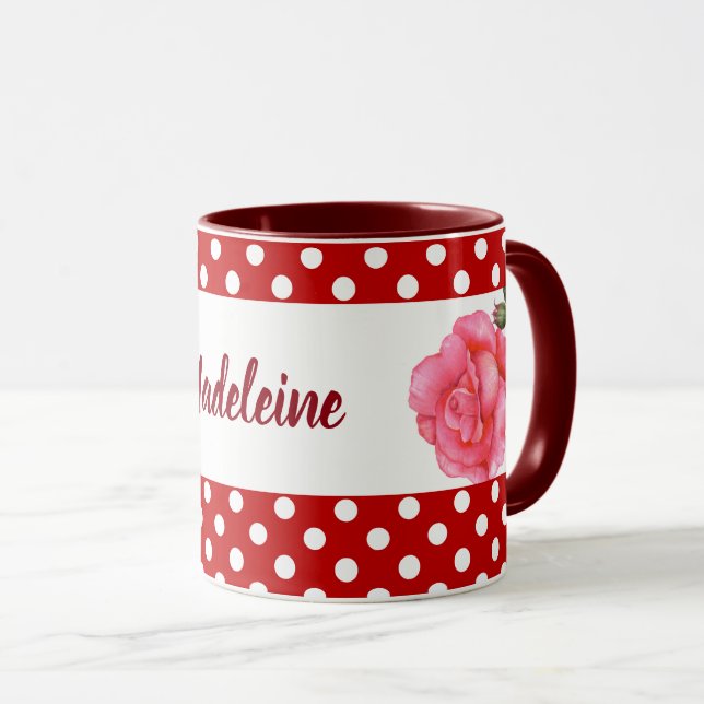 Custom Pink Roses Floral Art Polka Dot Tasse (VorderseiteRechts)