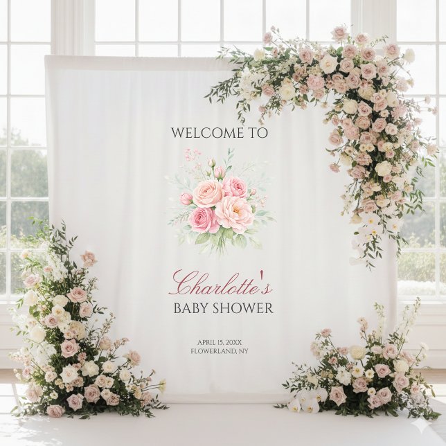 Custom pink roses girl baby shower backdrop banner wandteppich (Von Creator hochgeladen)