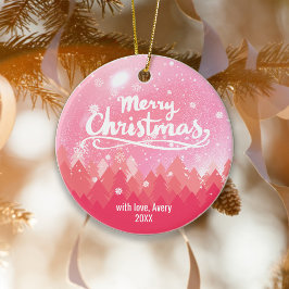 Custom Pink Snow & Forest Frohe Weihnachten Keramik Ornament