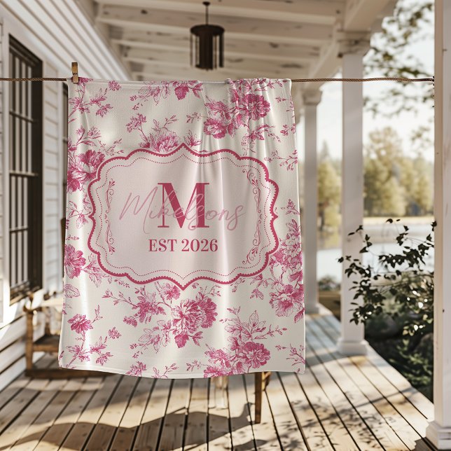 Custom Pink Toile Floral Monogram Fleecedecke (Von Creator hochgeladen)