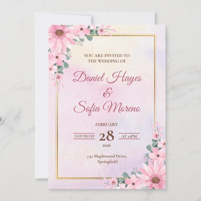 Custom Pink Watercolor Wedding Invitation (Devant)
