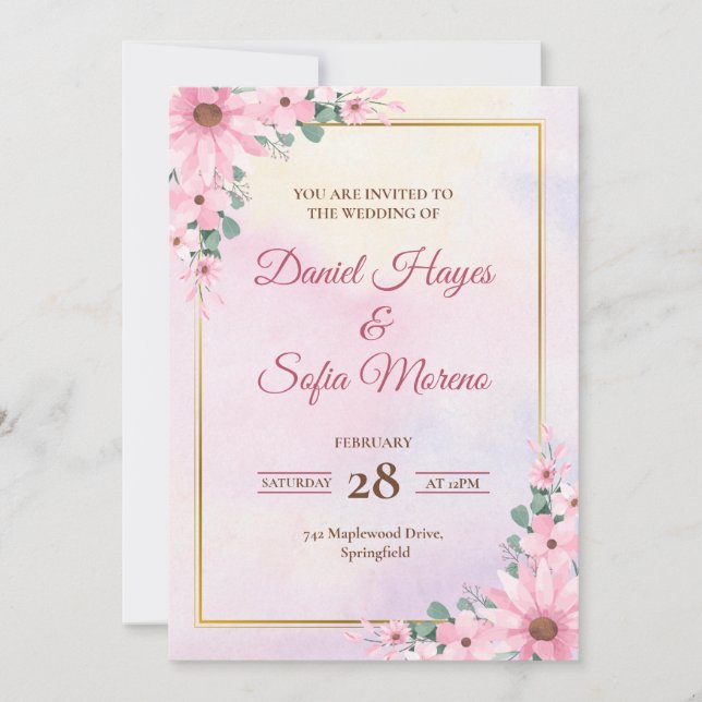 Custom Pink Watercolor Wedding Invitation (Devant)