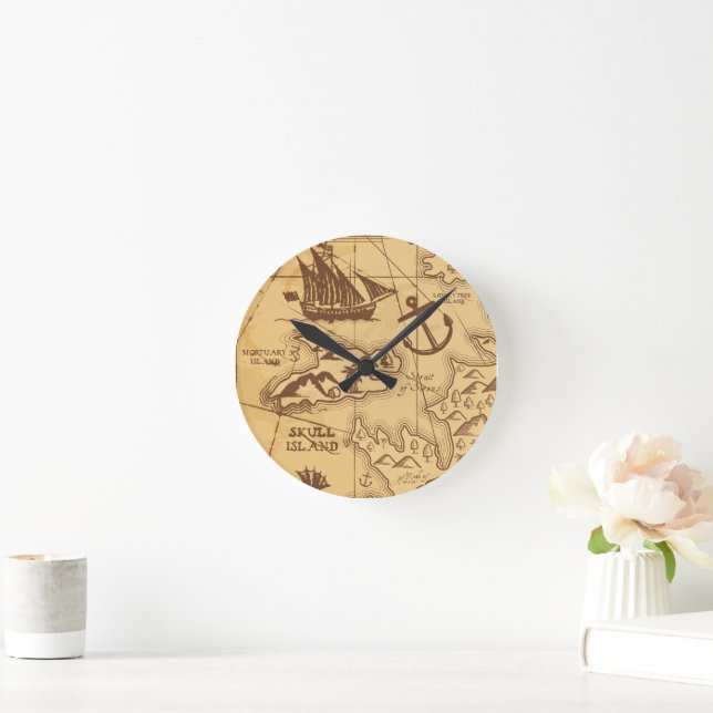Custom Pirate Map Landpunktfamilie Runde Wanduhr (Zuhause)