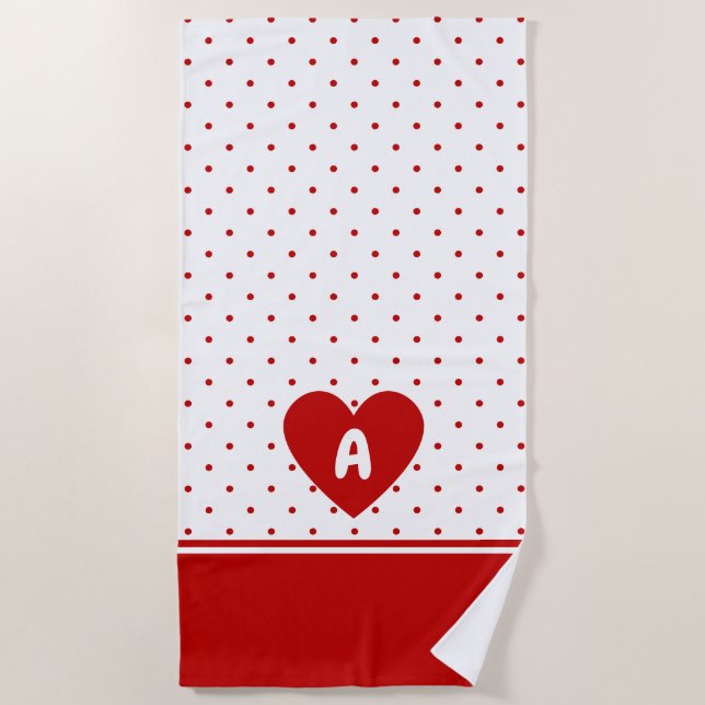 Custom Polka Dot Red White Background Monogram Strandtuch (Vorderseite)