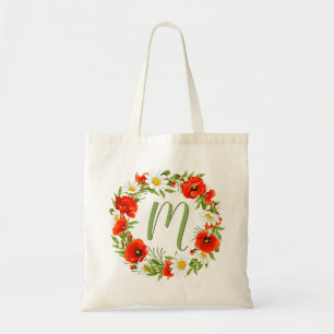 Custom Poppies Daisies Monogram Blume Wreath Tragetasche