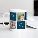 Custom Poppy Großvater 5 FotoCollage Kaffeetasse<br><div class="desc">Gestalten Sie einen süßen Sake für Großvater diesen Vatertag oder Großelterntag mit diesem einfachen Design,  das fünf Ihrer Lieblings-Instagram-Fotos enthält,  in einem Collage-Layout mit abwechselnden Quadraten in dunkelblau angeordnet und "Poppy" ausdrückt. Personalisieren Sie mit den Lieblings-Fotos seiner Enkel für ein wertvolles Geschenk für Poppy.</div>