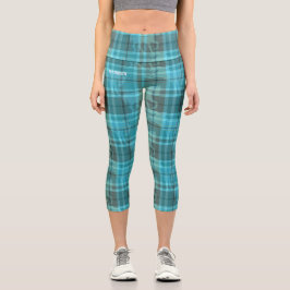 Custom preppy aqua blue turquoise horse tartan  capri leggings