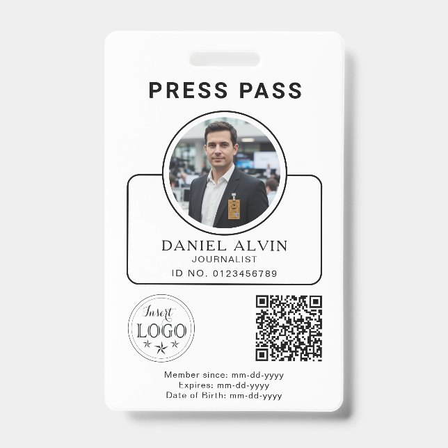 Custom Press Pass with Your Photo ID and QR Code Ausweis (Vorderseite)