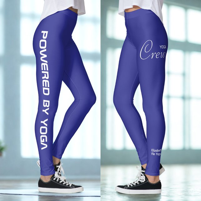 Custom Print Yoga Crew Deep Blue Leggings (Deep Blue yoga leggings in two poses.)