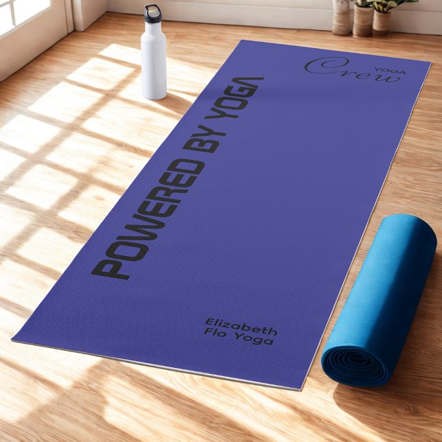 Custom Print Yoga Crew Deep Blue Yogamatte (Deep blue yoga mat on studio floor.)