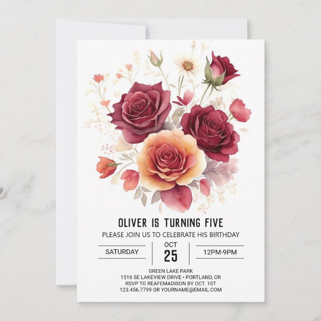 Custom Printable Burgundy Floral Geburtstag Einladung (Vorderseite)