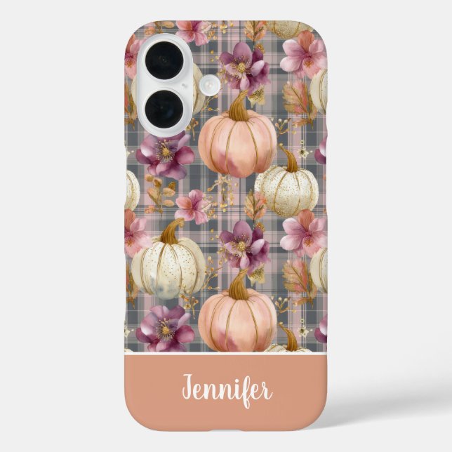 Custom Pumpkin and Flowers plaid  pattern  iPhone 16 Hülle (Rückseite)