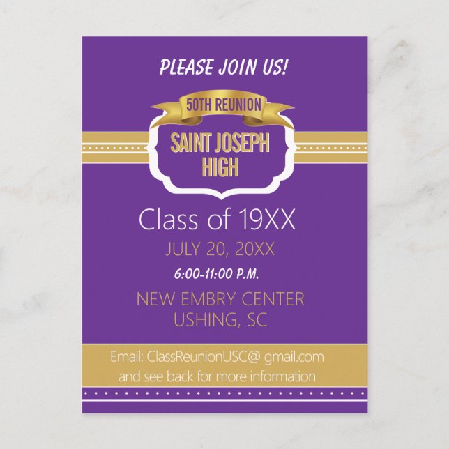 Custom Purple 50th Class Reunion Invite Postkarte (Vorderseite)