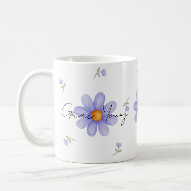 Custom Purple Daisy Name Floral Design Kaffeetasse (Links)