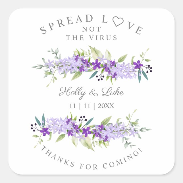 Custom Purple Flower Wedding  Garland Sanitizer Quadratischer Aufkleber (Vorderseite)