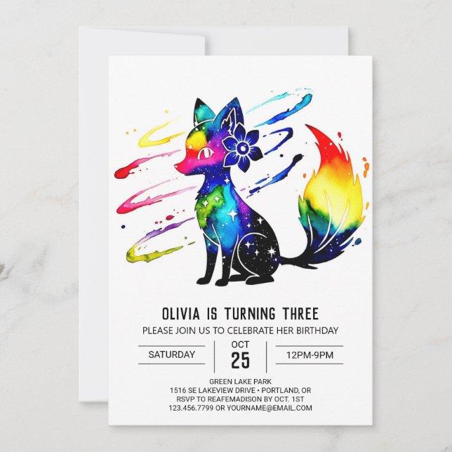 Custom Purple Fox Digital Girl Geburtstag Einladung (Vorderseite)