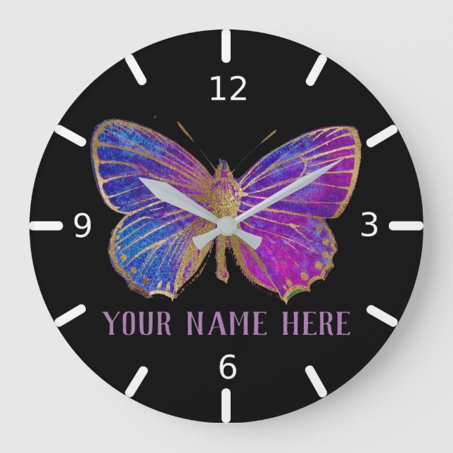 Custom Purple & Gold Butterfly Große Wanduhr (Vorderseite)