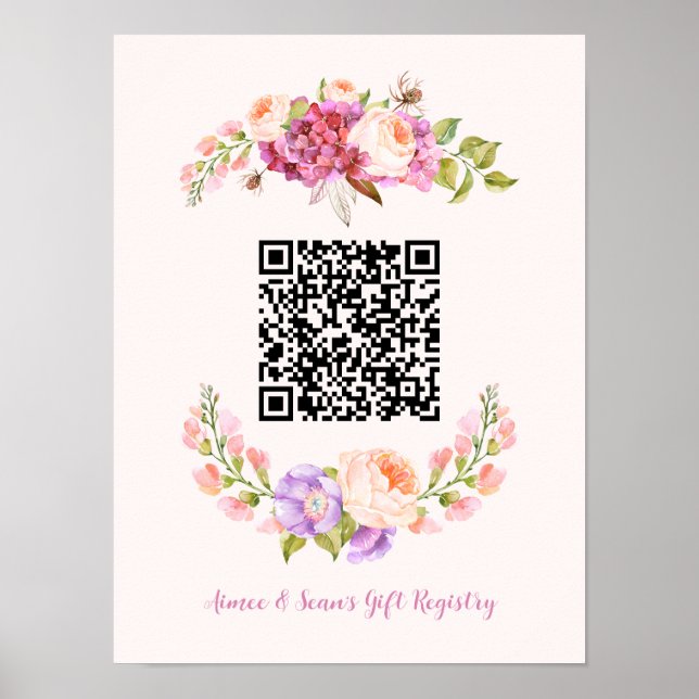 Custom QR Code Floral Frame Wedding Gift Registry Poster (Vorne)