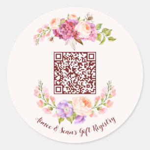 Custom QR Code Floral Frame Wedding Gift Registry Runder Aufkleber
