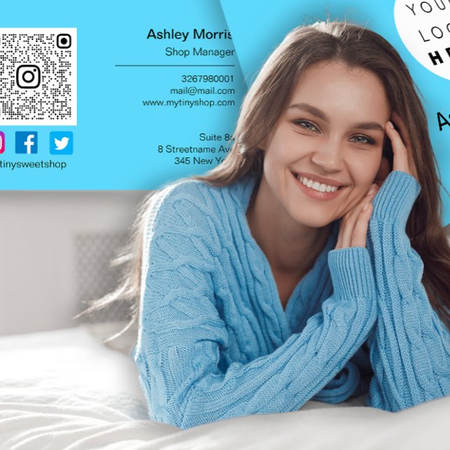 Custom QR Code Logo Social Online Shop Blau Visitenkarte (Custom QR Code Logo Social Online Shop Blue Business Card)