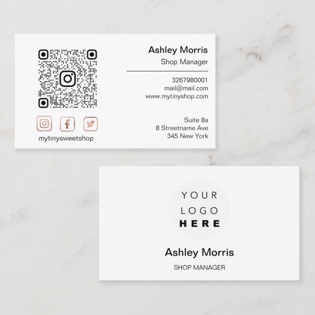 Custom QR Code Logo Social Online Shop White Rose Visitenkarte (Vorne/Hinten)