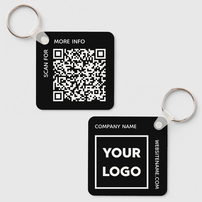 Custom QR Code Logo und Text Corporate Swag Black Schlüsselanhänger (Custom QR Code Logo and Text Corporate Swag Black Keychain, front/back)