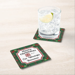 Custom QR Code Restaurant Weihnachtsgrün Kariert Rechteckiger Pappuntersetzer