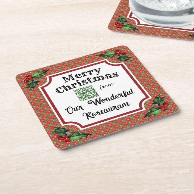 Custom QR Code Restaurant Weihnachtsrot Kariert Rechteckiger Pappuntersetzer (angewinkelt)