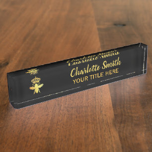 Custom QUEEN BEE Gold Black Namplate Holder Desk Namensplakette