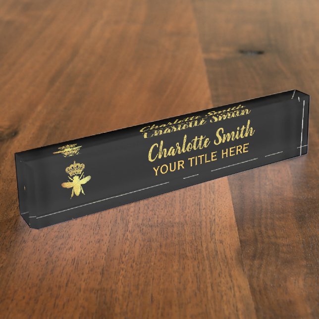 Custom QUEEN BEE Gold Black Namplate Holder Desk Namensplakette (Seite)